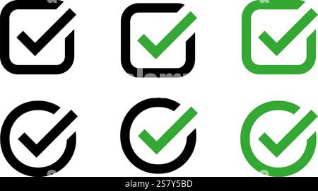 Icona con segno di spunta verde, casella di controllo o simbolo approvato in forma circolare e quadrata, segno di spunta con combinazione di colori nero e verde, segno di spunta piatto. Illustrazione Vettoriale