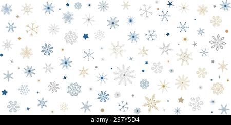 Fiocchi di neve natalizi sfondo trasparente. La neve d'oro invernale cade decorazione minimalista crea un motivo a stella. semplice sfondo nevicato noel. Illustrazione Vettoriale