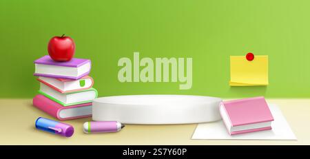 Composizione 3D a tema scolastico con podio rotondo bianco, libri di testo sovrapposti in copertina colorata, mela rossa brillante sulla parte superiore, penne vicino alla piattaforma del display, nota adesiva gialla attaccata allo sfondo verde della parete. Illustrazione Vettoriale