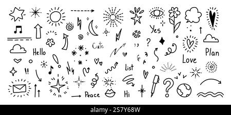 Doodle graziose linee di penne glitter. Icona del set di simboli decorativi scintillanti con cuore, freccia, stella. Semplice enfasi sullo stile della linea di schizzo, attenzione Illustrazione Vettoriale