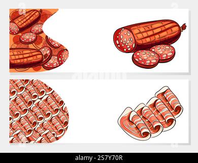Carni e salsicce assortite, tra cui salame e pancetta, disposte in file e con cornice circolare. Ideale per pubblicità gastronomica o design legati al cibo. VEC Illustrazione Vettoriale