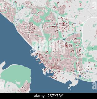 Mappa di Esbjerg, Danimarca. Mappa vettoriale dettagliata della città con edifici, area municipale. Mappa stradale con strade. Illustrazione Vettoriale