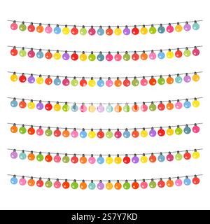 Ghirlanda con lampadine multicolore su sfondo bianco. Illustrazione vettoriale. Illustrazione Vettoriale