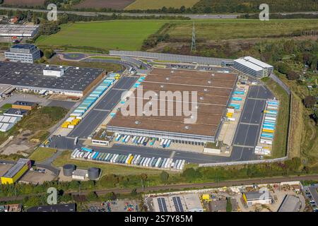 Vista aerea, logistica Amazon nella zona industriale di Brauckstraße, parcheggio per container, Rüdinghausen, Witten, regione della Ruhr, Renania settentrionale-Vestfalia, G. Foto Stock