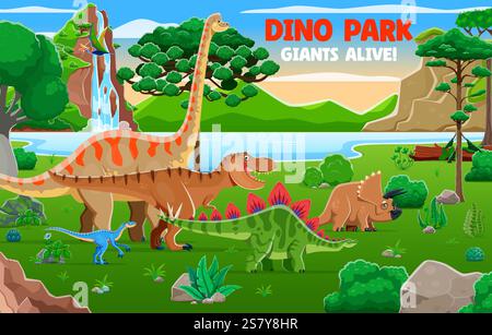 Parco Dino con dinosauri preistorici. Manifesto vettoriale del museo della Paleontologia o dello zoo estinto del parco degli animali con i dinosauri che camminano Illustrazione Vettoriale