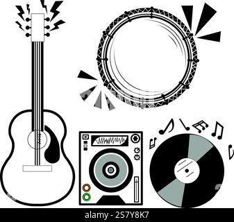 Disegni di strumenti musicali che rappresentano vari generi musicali come country, electro, etnico e classico Illustrazione Vettoriale