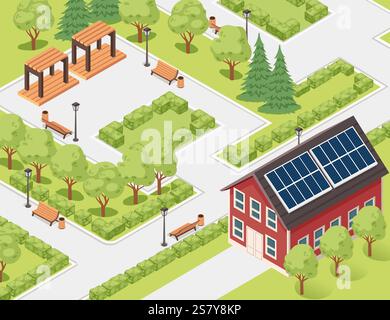 Parco Isometrico con alberi, panchine, sentieri e un gazebo. Perfetto per il design urbano o all'aperto. Illustrazione vettoriale. Illustrazione Vettoriale