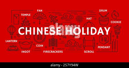 Icone della linea del nuovo anno cinese. Striscione rosso vettoriale che celebra le festività CNY con articoli tradizionali lineari minimalisti come lanterna, firecracker, Illustrazione Vettoriale