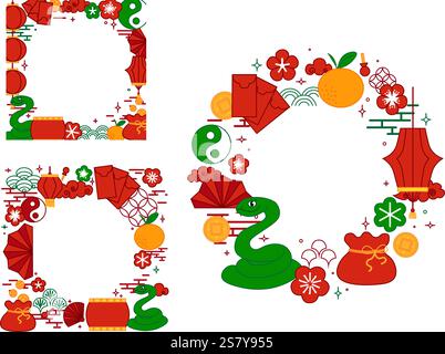 Set di cornici ovali con linee grafiche cinesi con grazioso serpente verde, lanterne rosse, fiori verdi e rossi, mandarino, moneta d'oro e busta rossa. Temp. Vettore Illustrazione Vettoriale