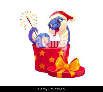 Divertente personaggio di serpente con confezione regalo e fuochi d'artificio. Rettile del cartoni animati del Capodanno lunare cinese 2025 animale zodiacale che indossa il cappello di Babbo Natale seduto in una scatola regalo rossa Illustrazione Vettoriale