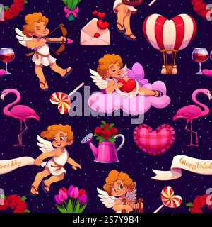 Cartoni animati per le vacanze di san valentino motivo senza cuciture con affascinanti cupidi cherubici, cuori, fenicotteri, fiori, lettere d'amore, palloncini e dolci Illustrazione Vettoriale