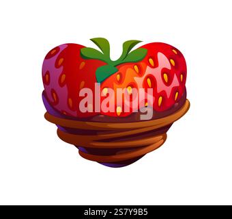 Fragola rossa cartoni animati immersa nel cioccolato che unisce dolcezza e piacere. Bacca di cuore vettoriale isolata, simbolo di amore, romanticismo e San Valentino. Illustrazione Vettoriale