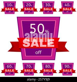 Set di adesivi sconto. Badge rosa con nastro rosso in vendita sconto del 10 - 90%. Illustrazione vettoriale. Illustrazione Vettoriale
