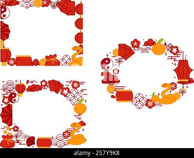 Set di cornici Capodanno cinese o Festa delle Lanterne del serpente modello di biglietto di auguri lanterne ovali ed elementi di prugna. Illustrazione della linea grafica vettoriale Illustrazione Vettoriale