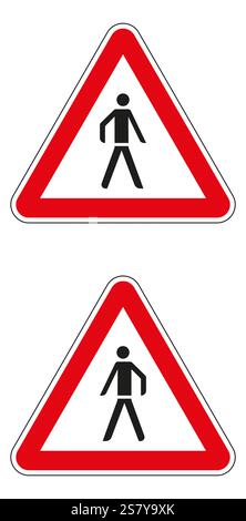 Due segnali stradali per l'attraversamento di pedoni segnalano ai conducenti che attraversano la strada. Illustrazione Vettoriale