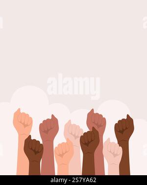 Mani di persone di diverse nazionalità e tonalità della pelle sollevate e fissate a pugni su sfondo beige con spazio di copia, illus vettoriale piatto Illustrazione Vettoriale