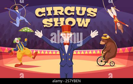 Poster dello spettacolo dell'arena. Invito allo spettacolo circense, animatori, acrobati, clown e orso in bicicletta, trucchi divertenti, design di banner pubblicitari Illustrazione Vettoriale