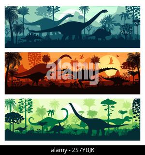 Striscioni orizzontali con paesaggi di epoca preistorica e sagome di dinosauri. Foresta tropicale dell'era giurassica, sfondo vettoriale al tramonto con dinosauri, fer Illustrazione Vettoriale