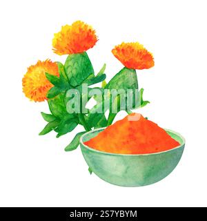 Bouquet di fiori di cartamo con una ciotola contenente un mucchio di petali di arancio giallo. Questa illustrazione acquerello è ideale per il marchio cosmetico naturale, kit Foto Stock