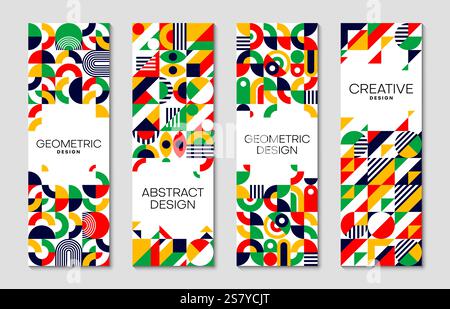 Striscioni verticali aziendali con moderno motivo geometrico astratto e sfondi vettoriali. Modelli di layout per striscioni design creativo dal design moderno minimalista Illustrazione Vettoriale