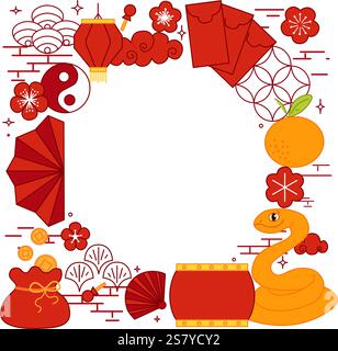 Linea grafica vettoriale cerchio cornice rotonda per l'anno del serpente, materiale di sfondo di Capodanno. Capodanno cinese, festival delle lanterne Illustrazione Vettoriale