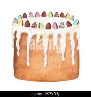 Una torta di Pasqua ghiacciata decorata con cioccolato a forma di uovo e caramelle. Buona Pasqua. Illustrazione ad acquerello disegnata a mano Foto Stock
