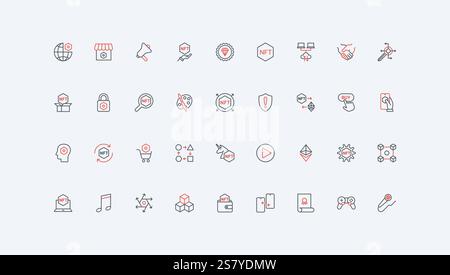 NFT, pagamento in criptovaluta con portafoglio, cambio e trasferimento sul set di icone della linea di mercato. Token non fungibile, film e musica, utility grafica simboli sottili in nero e rosso illustrazione vettoriale Illustrazione Vettoriale