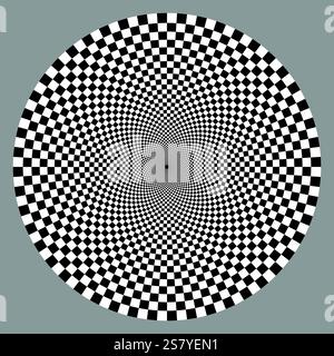 Elemento di design a scacchi rotondi isolato su sfondo bianco. Modello di illusione a spirale ottica. Illustrazione Vettoriale
