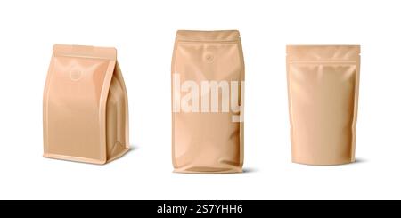 Set di sacchetti di carta marrone isolati su sfondo bianco. Illustrazione vettoriale realistica di mockup di buste artigianali 3D con chiusura a zip e superficie vuota per il branding dei prodotti, confezionamento di alimenti risigillabili, caffè e tè Illustrazione Vettoriale