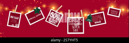 Cartellini natalizi in vendita appesi su una luminosa ghirlanda luminosa con clip in legno e carta su sfondo rosso con coriandoli. Buoni sconto natalizi decorati con fiocchi di neve, stelle, alberi che offrono offerte speciali. Illustrazione Vettoriale