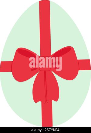 Arco con nastro rosso decorato con uovo di Pasqua. Un'idea di design decorativo di Pasqua in verde alla moda. Illustrazione vettoriale isolata schede tematiche, pubblicazione o opuscolo promozionale Web, banner, etichetta prezzo, etichetta Illustrazione Vettoriale