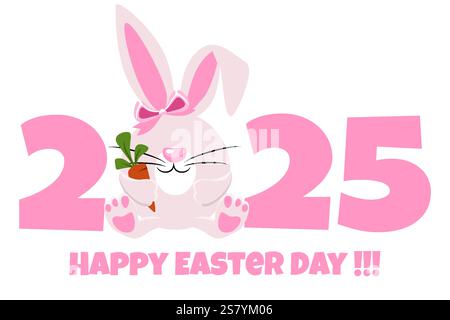 Conigli pasquali con carota e 2025. Coniglietto pasquale per biglietti d'auguri, adesivi, inviti e molti altri disegni. Modello biglietto d'auguri. Felice Illustrazione Vettoriale
