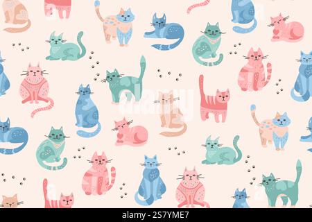 Gatti disegnati a mano cartoni animati bambini motivo infinito. Simpatico gattino ripetizione sfondo colori morbidi per neonati. Divertente animale domestico dal design senza limiti per i bambini. Gatti colorati in diverse posizioni vettoriali Illustrazione Vettoriale