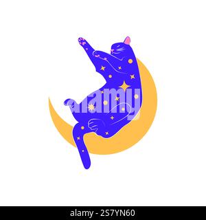 Gatti mistici in stile boho, collezione silhouette. Esoterismo e misticismo, occultismo. Illustrazioni vettoriali piatte cartoni animati, isolate Illustrazione Vettoriale