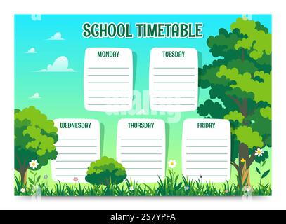 Calendario naturalistico sfondo vettoriale con un paesaggio verde vivace e sezioni chiare per ogni giorno della settimana Illustrazione Vettoriale