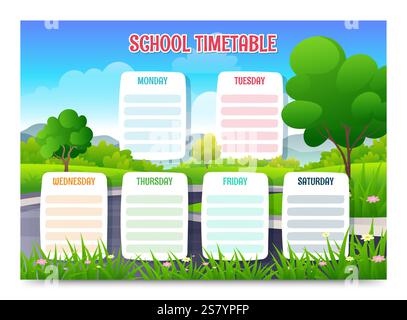 Orario scolastico con illustrazione vettoriale del paesaggio dei cartoni animati verdi Illustrazione Vettoriale