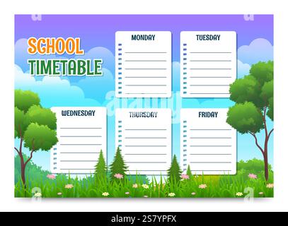 Vettoriale orario scolastico con tema paesaggio dei cartoni animati naturali Illustrazione Vettoriale