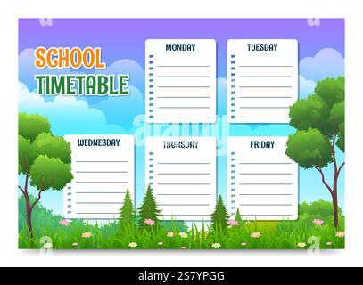 Vettoriale orario scolastico con tema paesaggio dei cartoni animati naturali Illustrazione Vettoriale