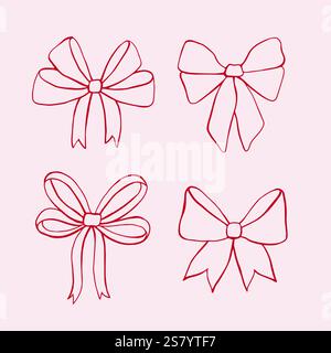 Set di fiocchi rossi e nastri. Delinea gli schizzi decorativi dei fiocchi delle feste per regali, sorprese o decorazioni per capelli. Illustrazione vettoriale disegnata a mano Illustrazione Vettoriale