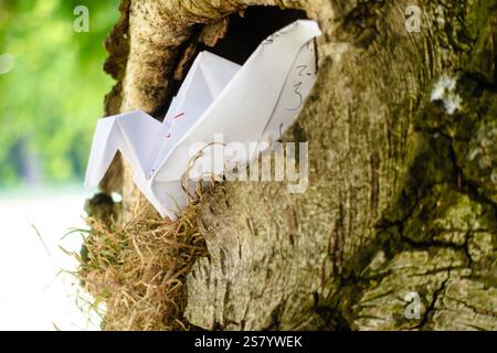 Una barca di carta bianca è bloccata in un buco d'albero. La barca è capovolta e ha scritto qualche parola. La scena è giocosa e stravagante Foto Stock