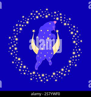 Gatto mistico in stile boho circondato da stelle, segni zodiacali, palle, impronte di zampe, collezione silhouette. Esoterismo e misticismo, occultismo. Cartone animato Illustrazione Vettoriale