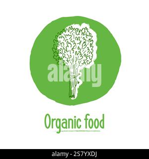 Logo rotondo, etichetta per prodotti naturali biologici. Un mazzo di verde disegnato a mano su sfondo verde. Design per confezionamento, menu, prodotti agricoli, ecologici, vegetariani. Illustrazione Vettoriale