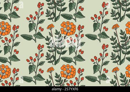 Pianta vegetale astratta senza cuciture con illustrazione vettoriale di fiori selvatici. Stampa floreale ripetuta in colori pastello verde vintage. Design grafico Illustrazione Vettoriale