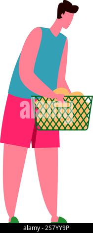 Giovane uomo che porta un cesto per lavanderia pieno di vestiti ben piegati, incarnando l'essenza delle faccende domestiche e la routine quotidiana della pulizia in un ambiente moderno Illustrazione Vettoriale