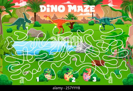 Gioco labirinto per bambini, aiuta le madri dei dinosauri a trovare i loro bambini dinosauri. Carino foglio di lavoro vettoriale del quiz sugli animali preistorici dei dinosauri con Find ri Illustrazione Vettoriale
