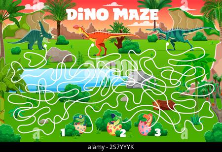 Gioco labirinto per bambini, aiuta le madri dei dinosauri a trovare i loro bambini dinosauri. Carino foglio di lavoro vettoriale del quiz sugli animali preistorici dei dinosauri con Find ri Illustrazione Vettoriale