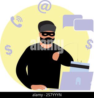 Concetto di crimine online. Un truffatore mascherato chiama la vittima al telefono e chiede informazioni bancarie. Il criminale ruba soldi. Illustrazione Vettoriale