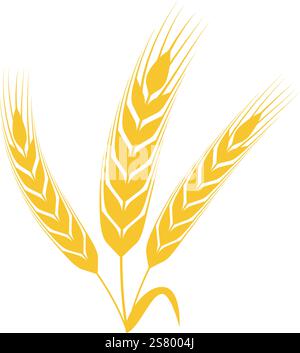 Tre orecchie stilizzate di grano che crescono insieme su uno sfondo bianco, simboleggiano l'agricoltura, l'agricoltura e la produzione essenziale di cibo in un design semplice e minimalista Illustrazione Vettoriale
