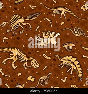 Fossili di dinosauri preistorici il modello senza cuciture presenta ossa e scheletri di dinosauro disposti su fondo marrone e ruvido. Riquadro vettoriale, sfondo o. Illustrazione Vettoriale