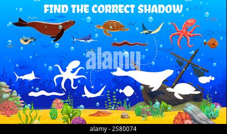 Trova l'ombra corretta degli animali marini nel paesaggio sottomarino, foglio di lavoro dei giochi per bambini. Ricerca somiglianza quiz per bambini o foglio di lavoro vettoriale di gioco con sigillo, t Illustrazione Vettoriale